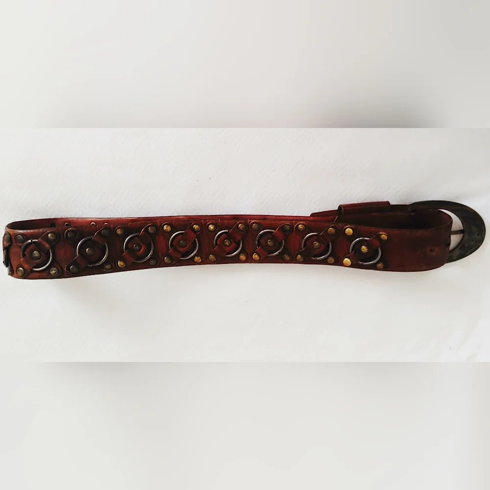 Brown Steerhide Leather Vintage Belt with Metal Accents Brass Buckle